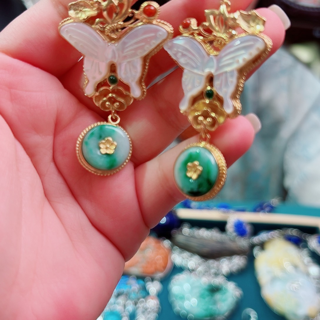 耳环贝壳银S925镶嵌国风