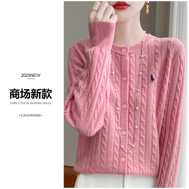 赵露思同款 2025新款纯羊毛圆领单排扣纯色刺绣麻花针织外套上衣