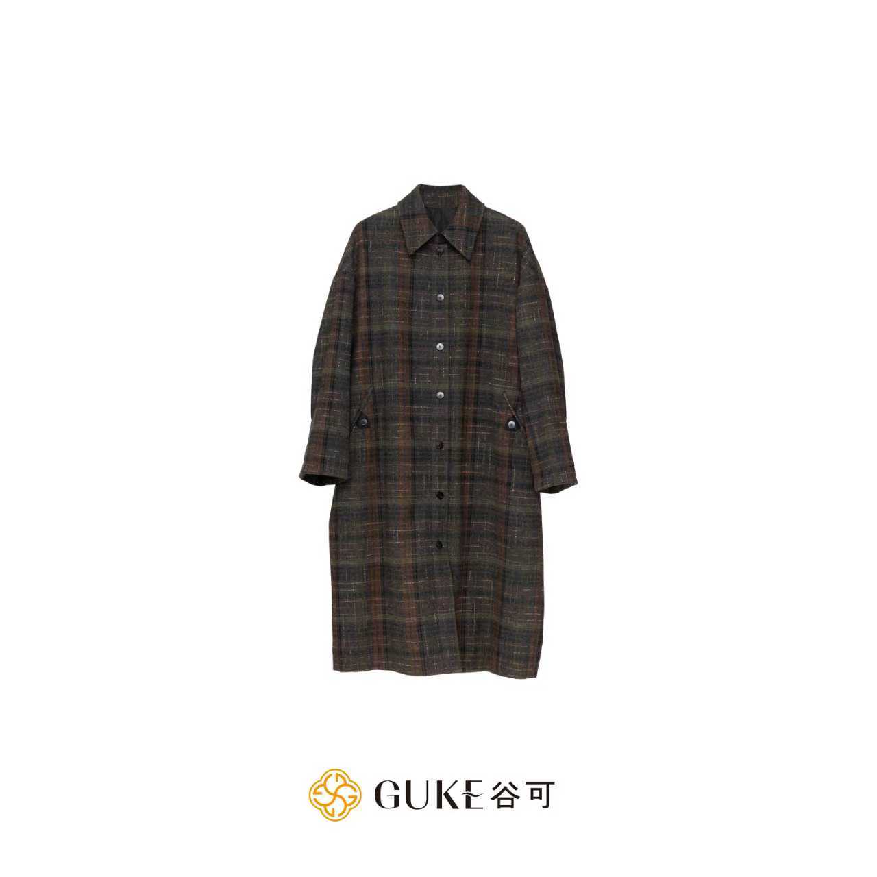 GKE/谷可M1225时尚翻领格子百搭保暖外套石墨烯长款宽松排扣棉服