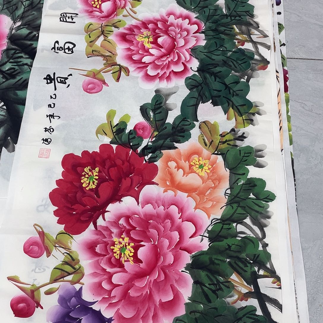 国画国画作品书法作品原稿三尺横幅牡丹