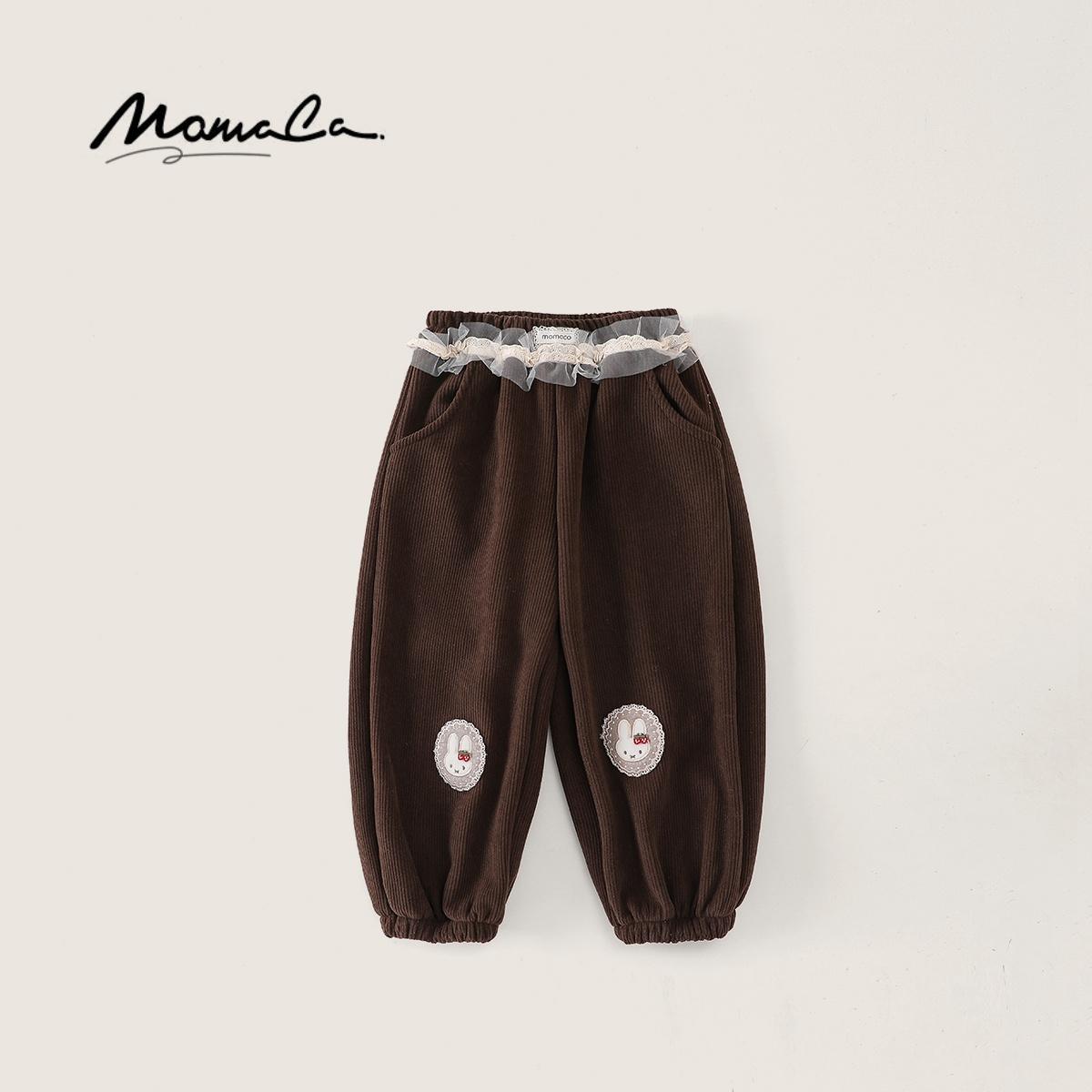 MOMOCO童装冬季女童百搭束脚裤蝴蝶结花边加绒卫裤77830372001
