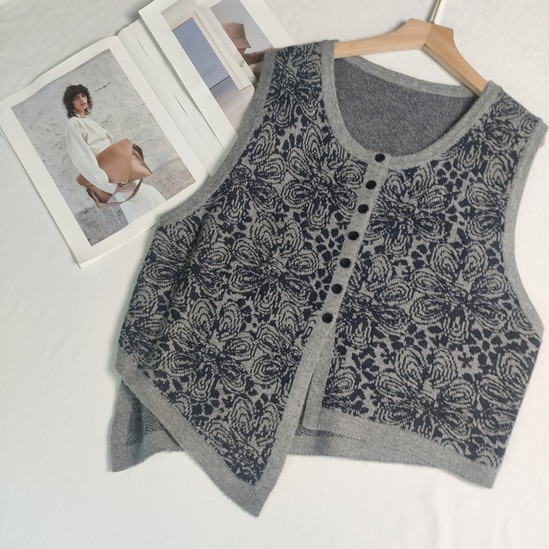 【晴晴精选】秋冬时尚圆领花朵提花撞色无袖下摆马甲针织衫A983#