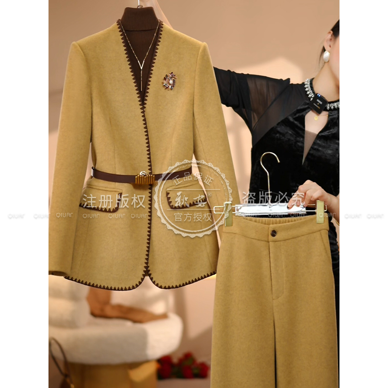 YAOYAO-2025冬季新款姜黄色高级设计师系列修身加厚套装