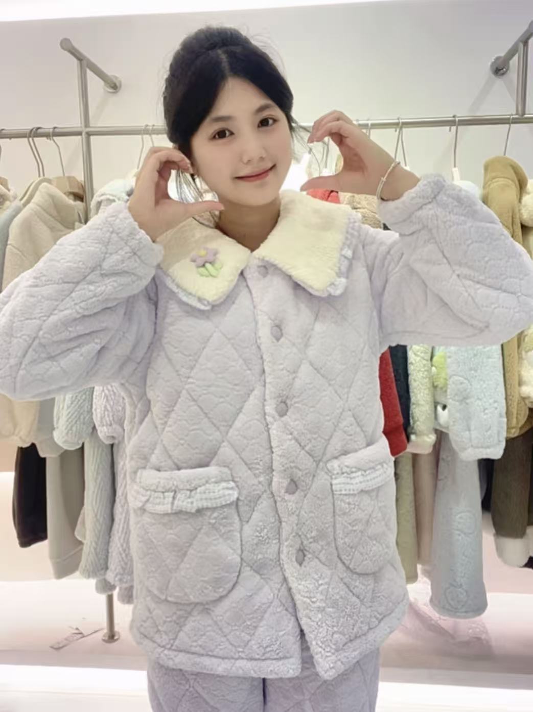 冬季女松紧带翻领睡衣家居服套装时尚秋冬季加绒舒适