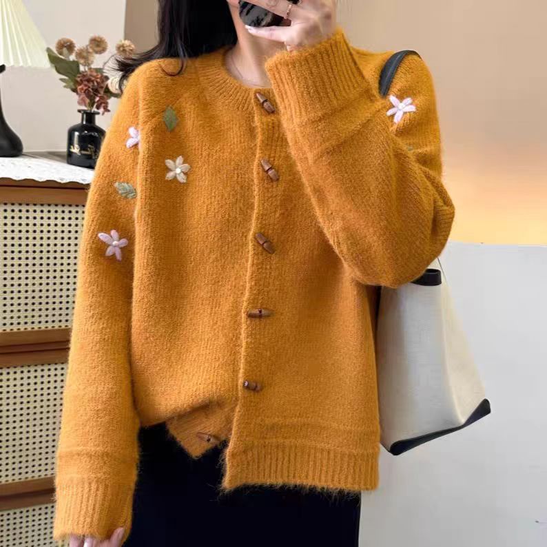 【立体刺绣小香风】韩系圆领针织开衫宽松显瘦慵懒风秋洋气外套