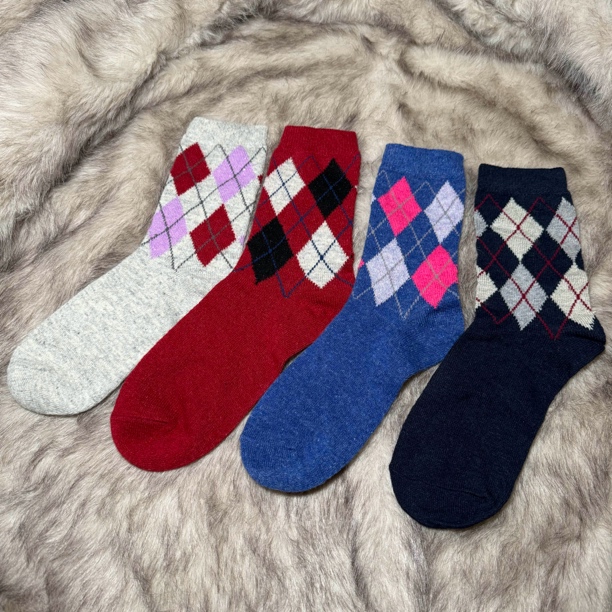 男士棱形羊毛商务袜子加绒保暖