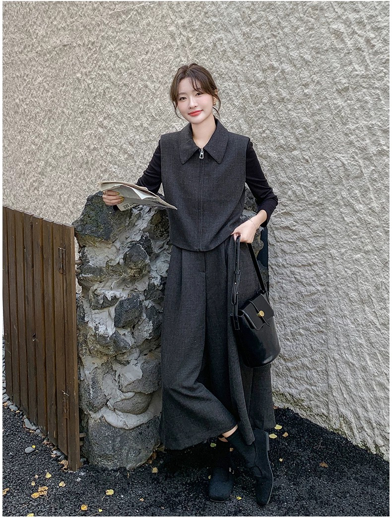 深灰色盐系设计感两件套女2025早春新款翻领马甲阔腿裤套装