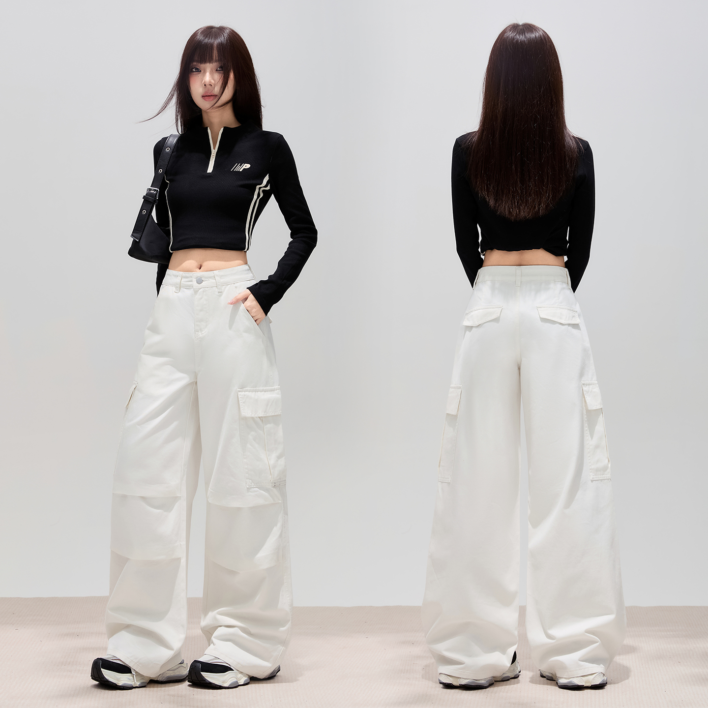 白色纯棉工装裤休闲阔腿牛仔裤女廓形宽松贴袋松弛感个性时尚