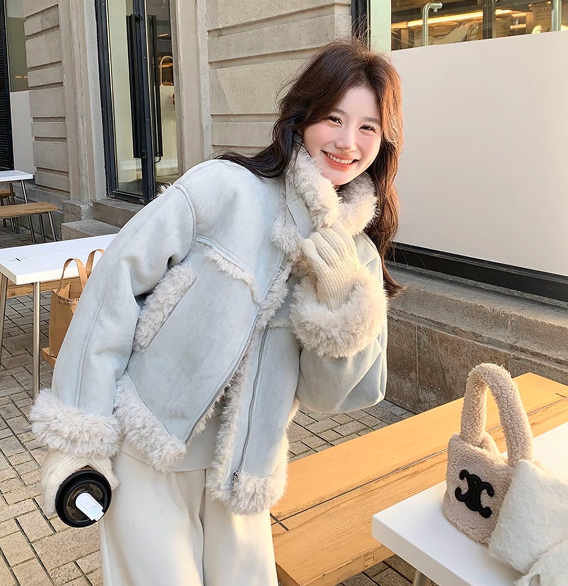 韩系皮毛一体短外套女冬季2025年新款小个子加绒加厚麂皮绒机车服