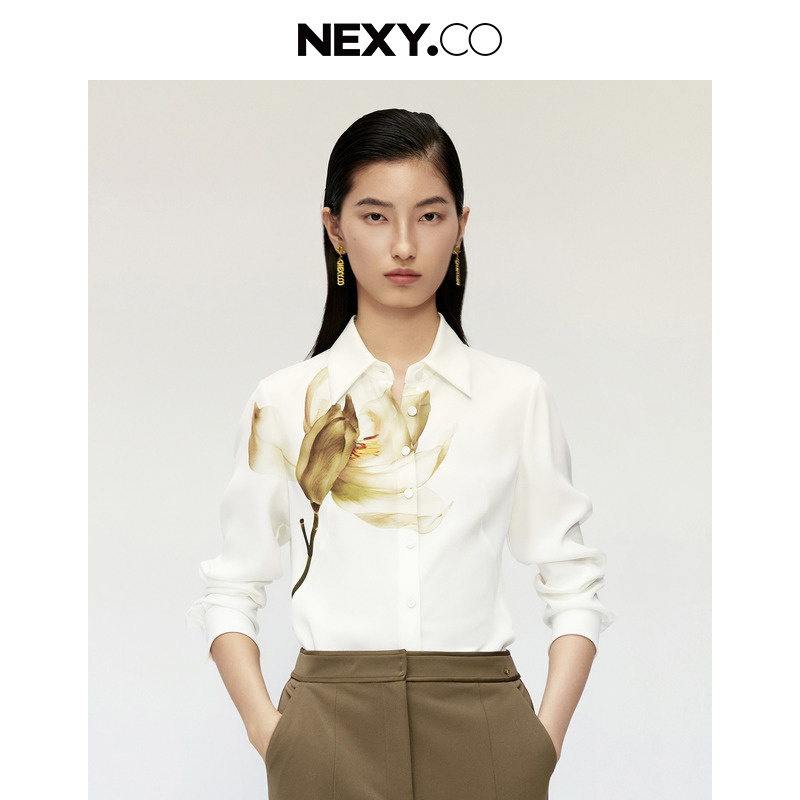 【商场同款】NEXY.CO/奈蔻气质长袖白色时尚百搭丝绸上衣XE00709V0