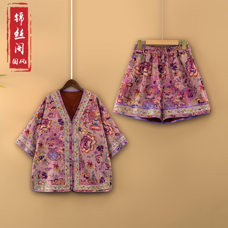 【锦麟粉韵】夏季新款气质新宽松中式上衣+短裤提花V领国风两件套