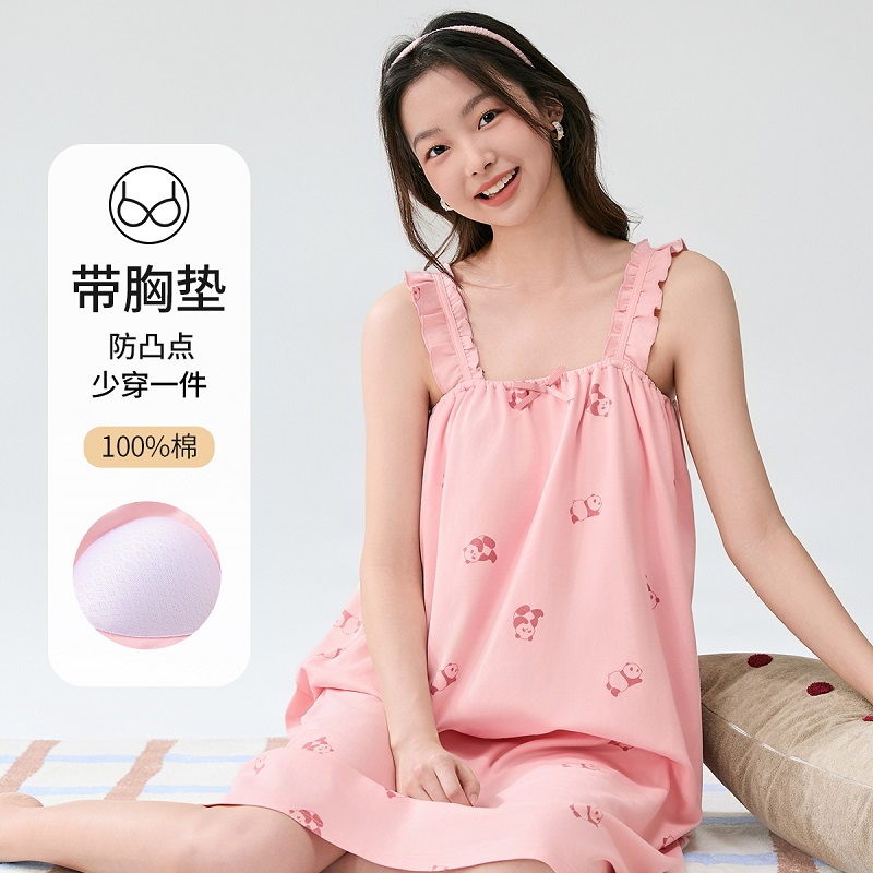 芬腾【全棉胸垫】舒适圆领宽松纯棉短袖洋气新款短裤睡衣套装女款