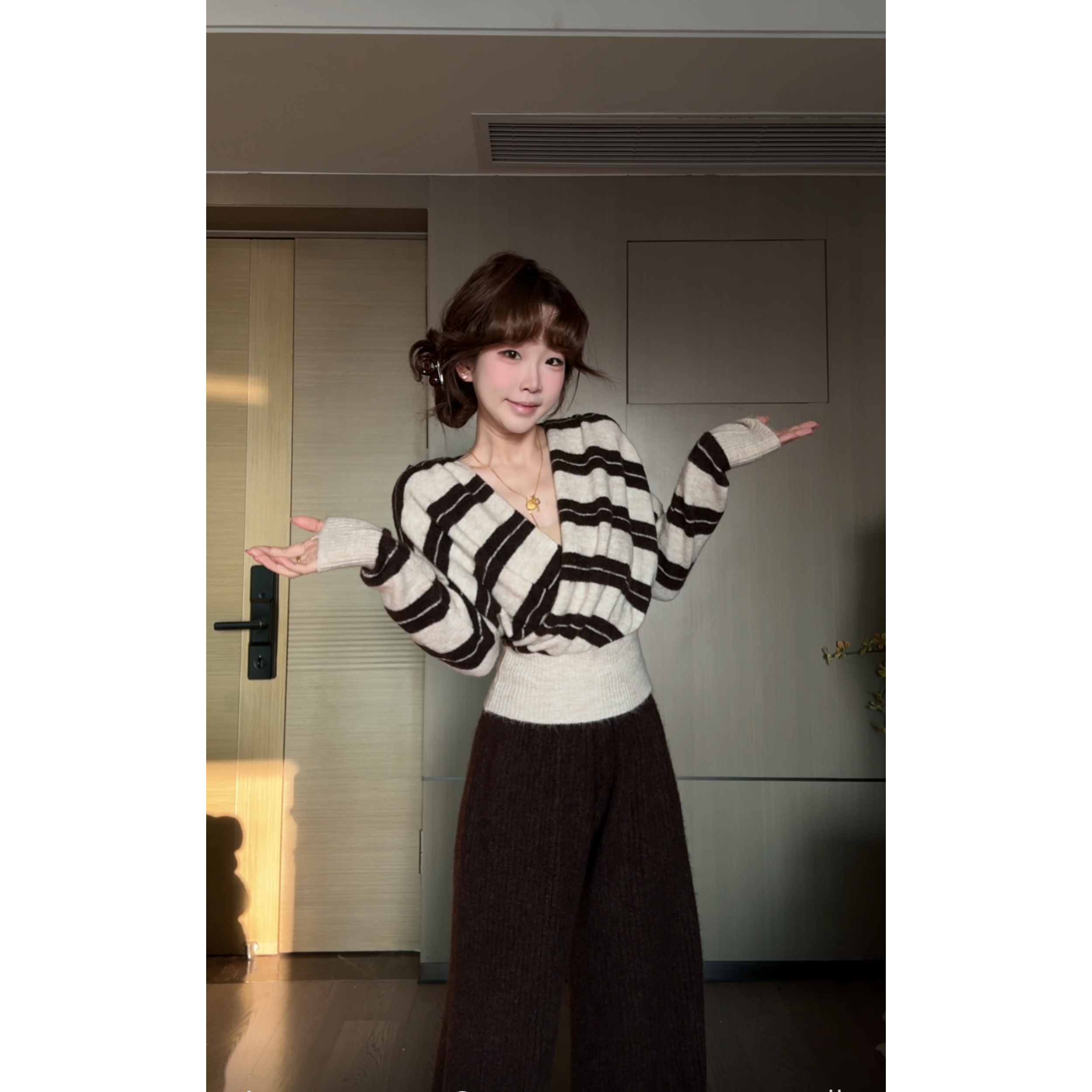 女复古长袖毛针织衫套装秋季淡颜系收腰针织衫短款宽松