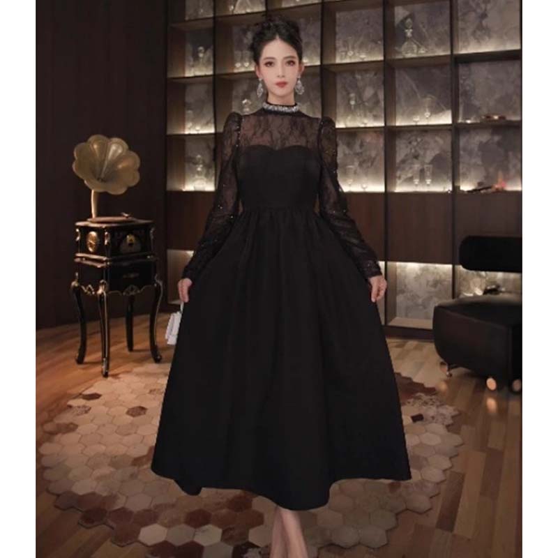 黑色晚礼服连衣裙女蕾丝拼接高级感赫本风收腰大摆裙QJ0035