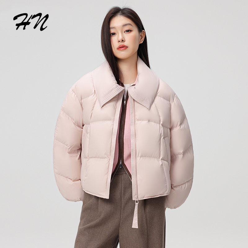 HN【荷叶领】短款女士潮流缎面百搭简约保暖冬季时尚羽绒服35160