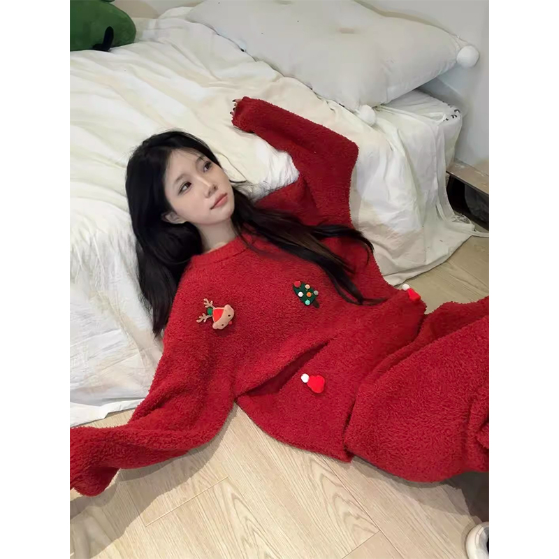 【圣诞少女】软糯舒适甜美红色半边绒睡衣女冬季新款保暖加厚家居服