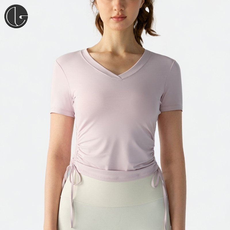 春夏新款纯色V领运动T恤女短袖裸感透气训练服修身显瘦健身服上衣