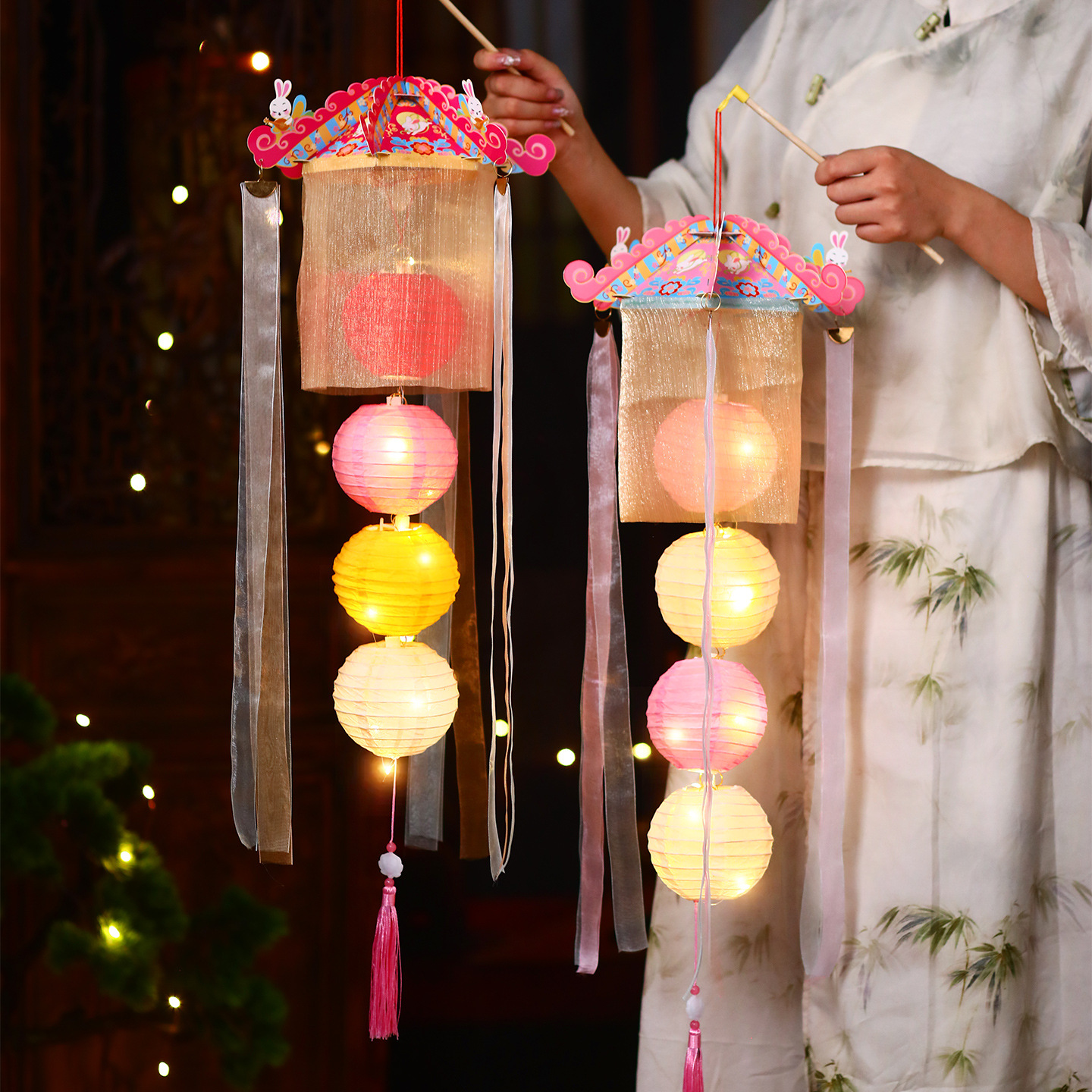中秋节竹编灯笼儿童手提汉服古风发光花灯摆摊 手工diy材料包宫灯