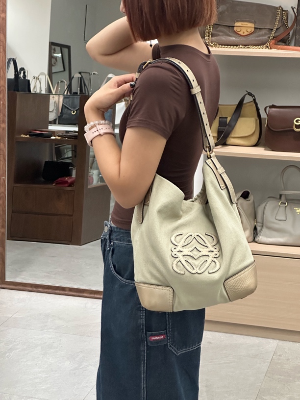 95新 LOEWE/罗意威 米色帆布拼皮托特腋下包小号