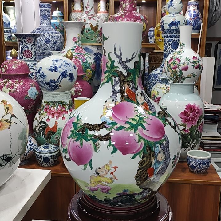 瓷片景德镇陶瓷五子攀桃天球瓶