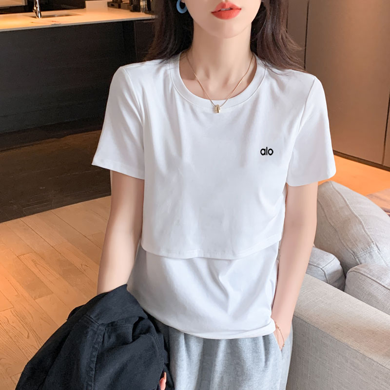 哺乳衣外出服纯棉短袖T恤夏季白色亲肤圆领显瘦喂奶上衣月子服