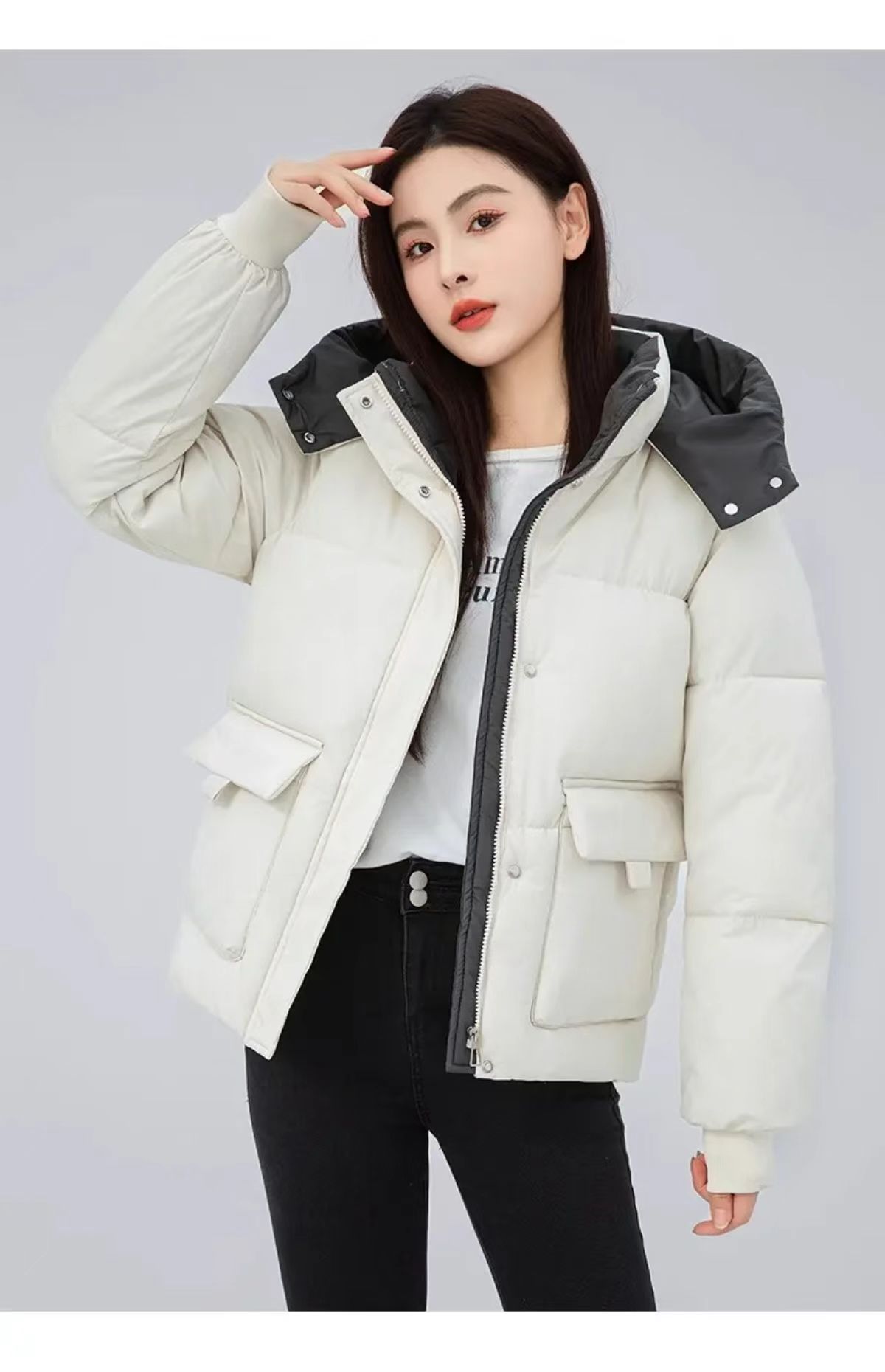 撞色连帽女短款25新款百搭时尚加厚棉服宽松韩版保暖外套气质潮流