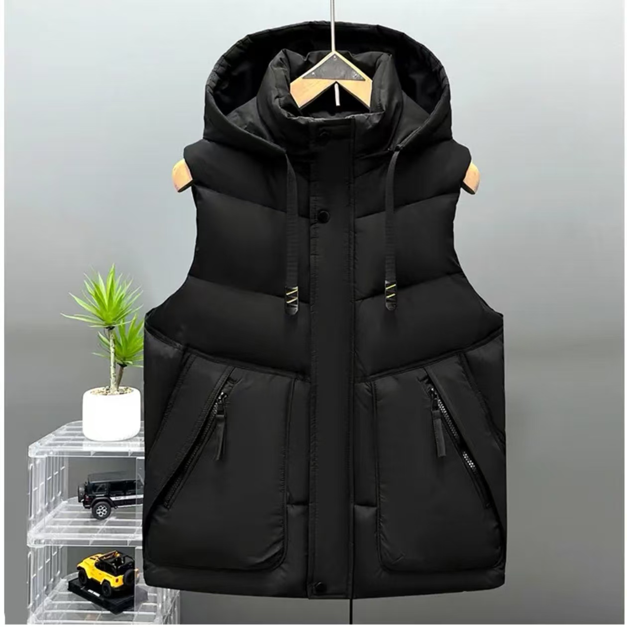 608秋冬新款男士大码加厚棉马甲宽松保暖棉坎肩立领可拆卸帽纯色