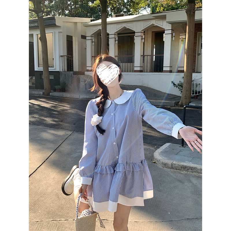 春季韩chic简约减龄条纹连衣裙衬衫裙  80021