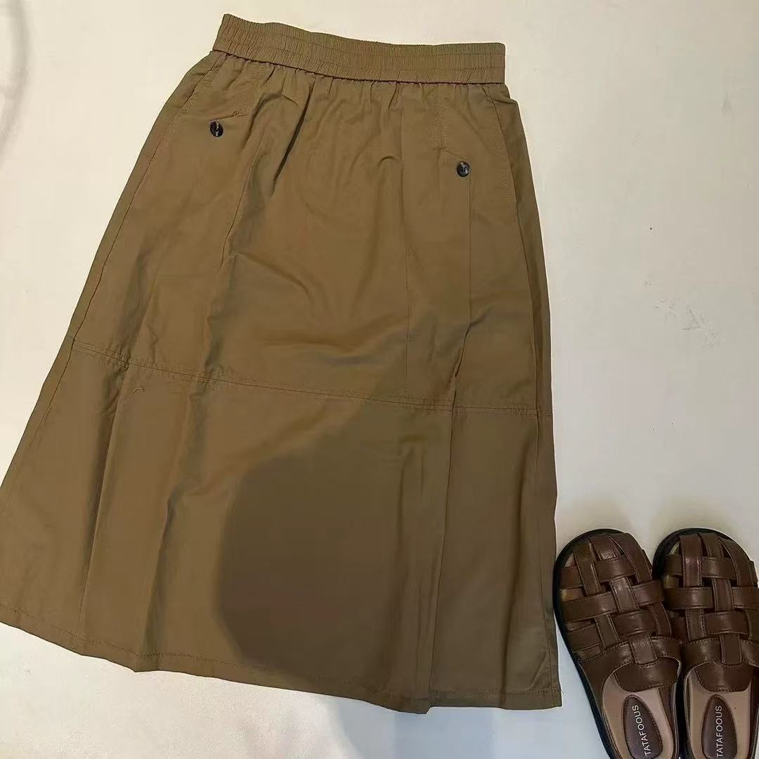 松紧高腰遮肚子显瘦半裙过膝裙休闲百搭夏季女款卡其气质时尚A裙
