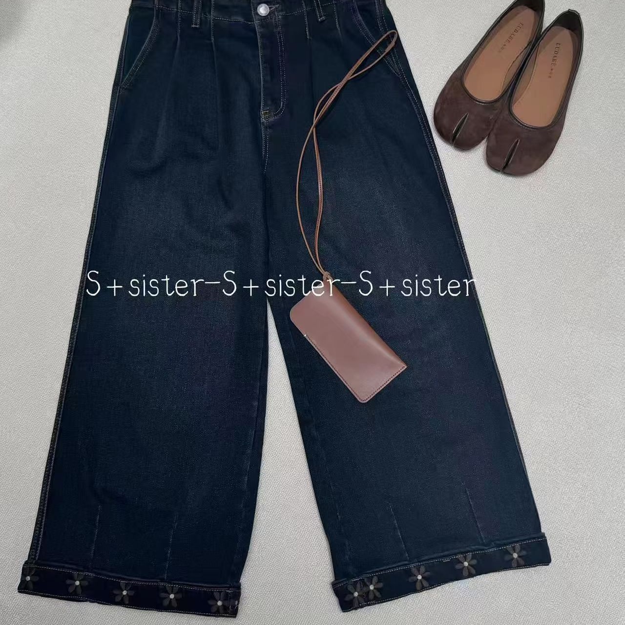 S+蓝色中腰刺绣直筒牛仔裤女水洗长裤新中式阔腿裤极简时尚木耳边