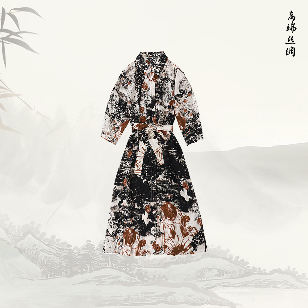 品牌新款桑蚕气质通勤复古印花系带中袖连衣裙52803