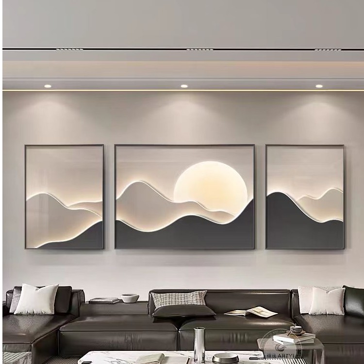 背靠金山现代简约轻奢新中式客厅装饰画沙发背景墙三联画晶瓷挂画