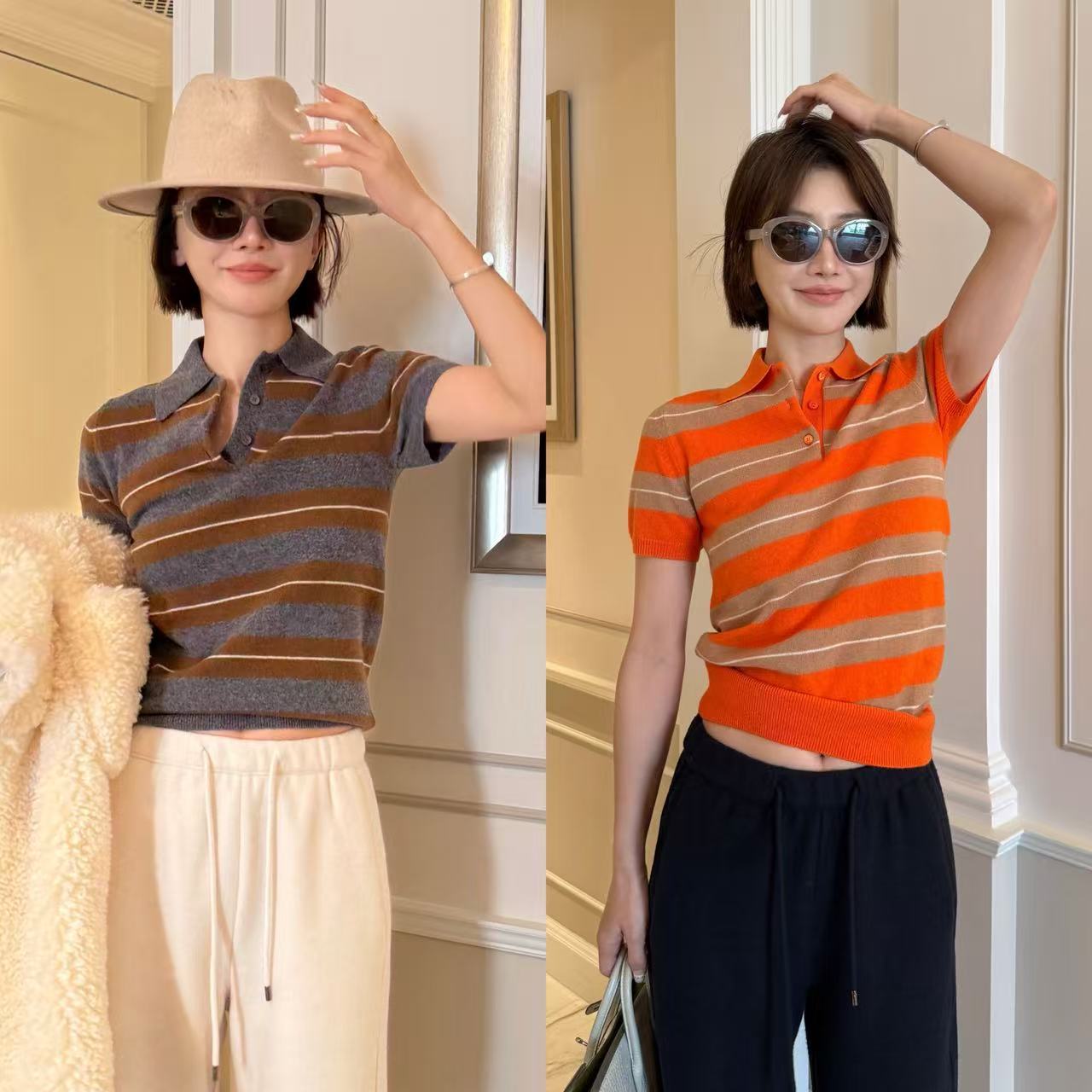 活力线迹100羊毛POLO衫复古翻领短袖女休闲百搭通勤上衣 SWT14987