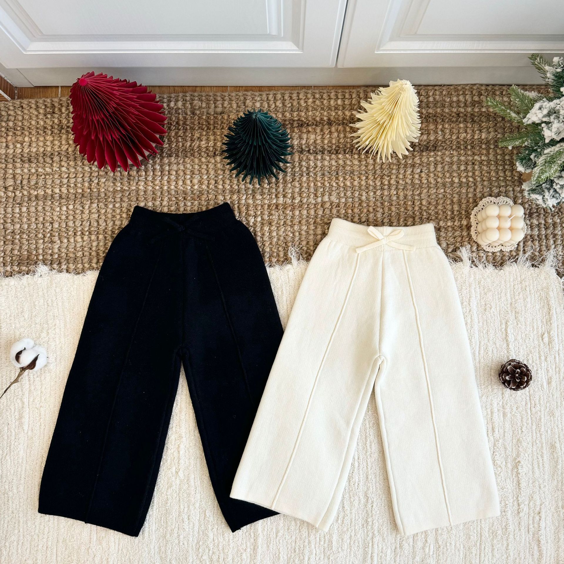 【微风童话】中童女童冬季针织裤直筒裤加绒阔腿裤加厚一体绒毛线裤