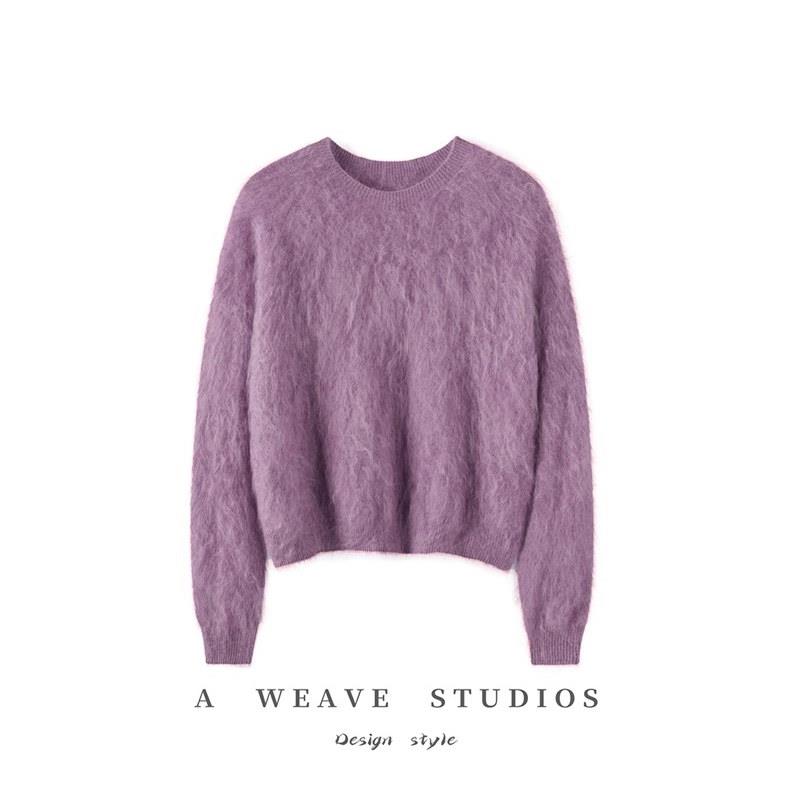 纯山羊绒衫女圆领拉绒羊绒针织衫女秋冬新款时尚针织宽松毛衣