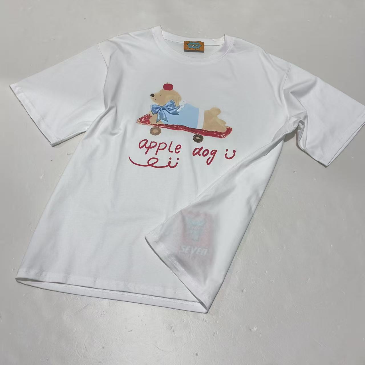 4318号#1913#夏款宽松小狗滑板车手工订花休闲百搭短袖T恤