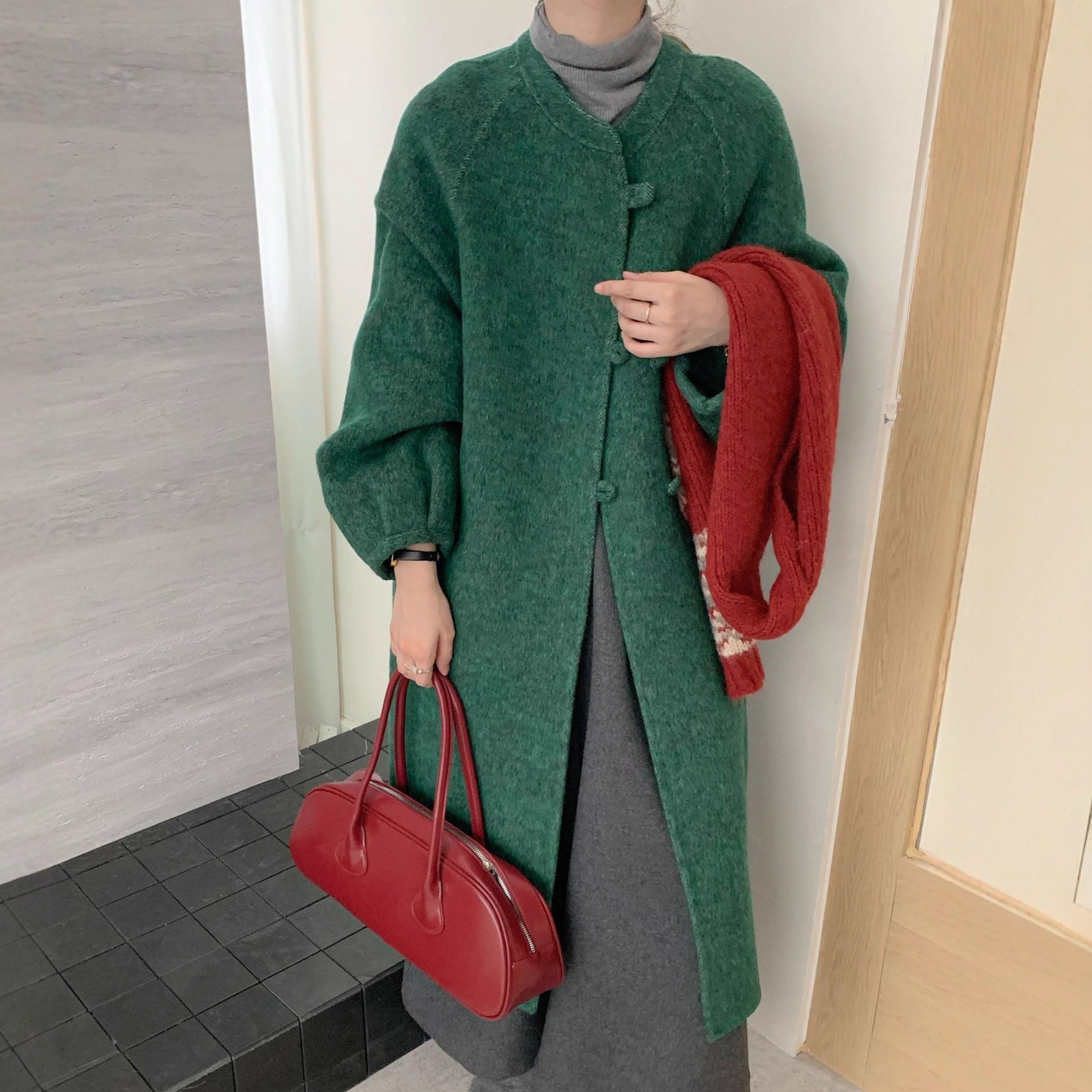 高级感双面呢大衣女灯笼袖长款立领毛呢外套秋冬加厚2025新款呢子