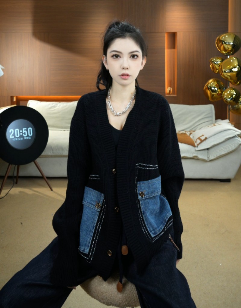 【大美夕】常规长袖常规款V领男毛针织衫拼接秋冬复古NW1013