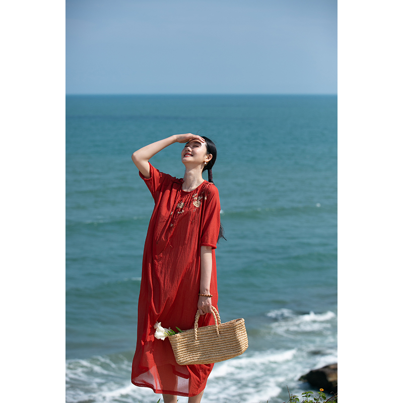 牧衣游  原创设计圆领显瘦国风红色【比马棉连衣裙】樱色