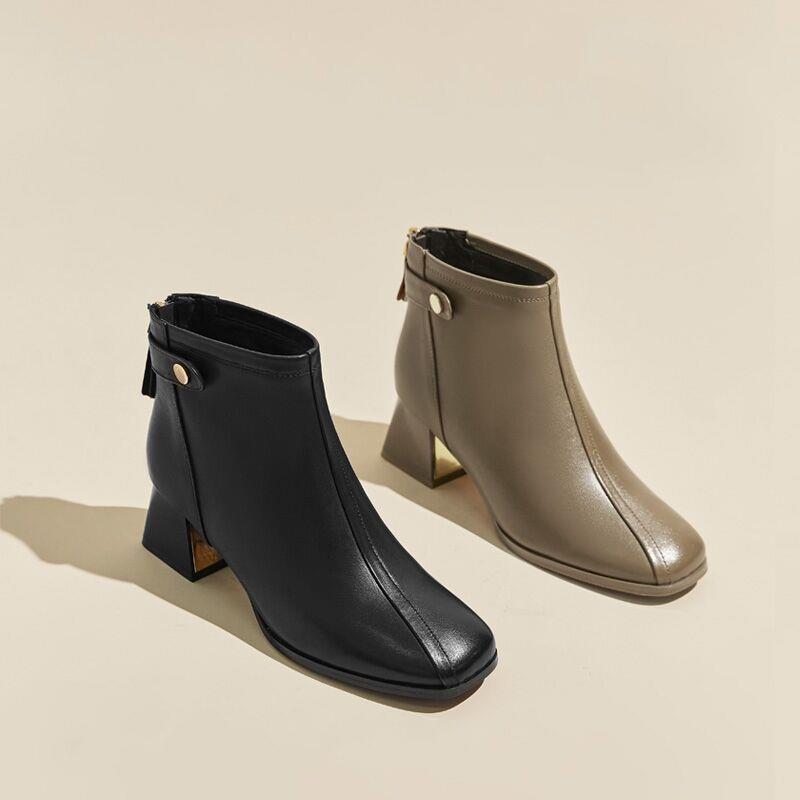 【万达撤柜】啄木鸟真皮短靴2024秋冬新款高跟皮鞋女式方头中跟鞋羊