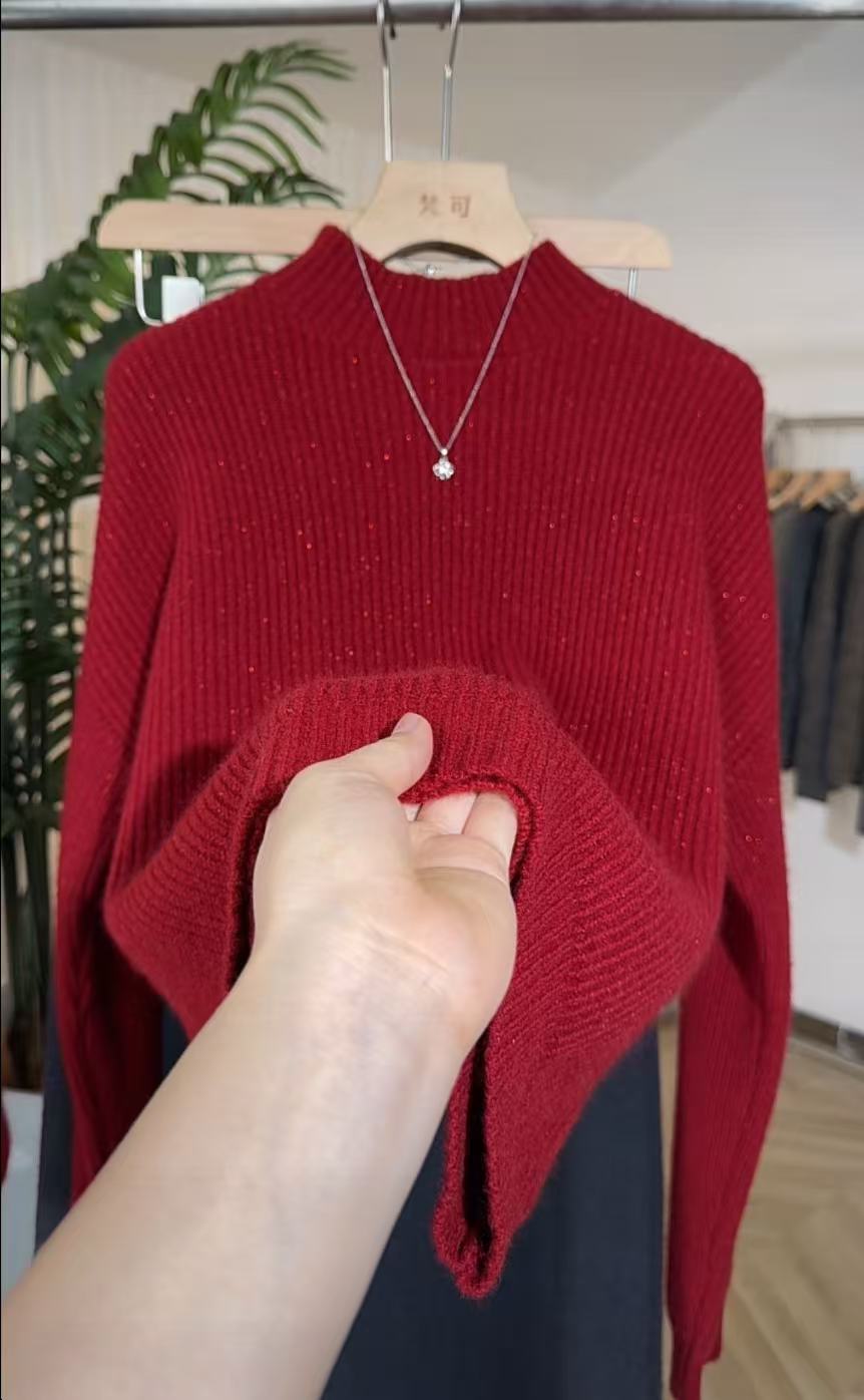 WJ2025年秋冬正红色半高领高端定制加厚款经典羊绒羊毛百搭女上衣