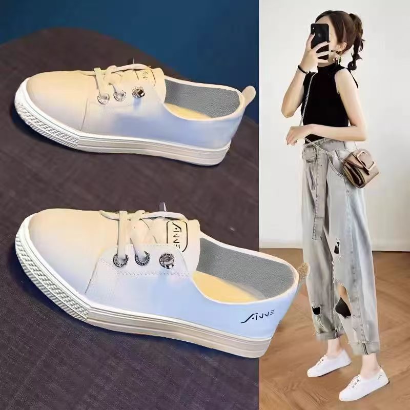 2025女鞋平底时尚板鞋厚底透气圆头时尚休闲鞋薄款小白鞋春秋系带