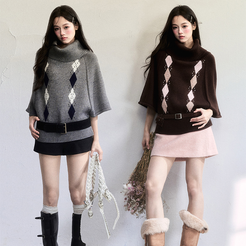 Fragile Heart易碎商店·菱间垂慵 复古菱格羊毛针织斗篷叠穿毛衣