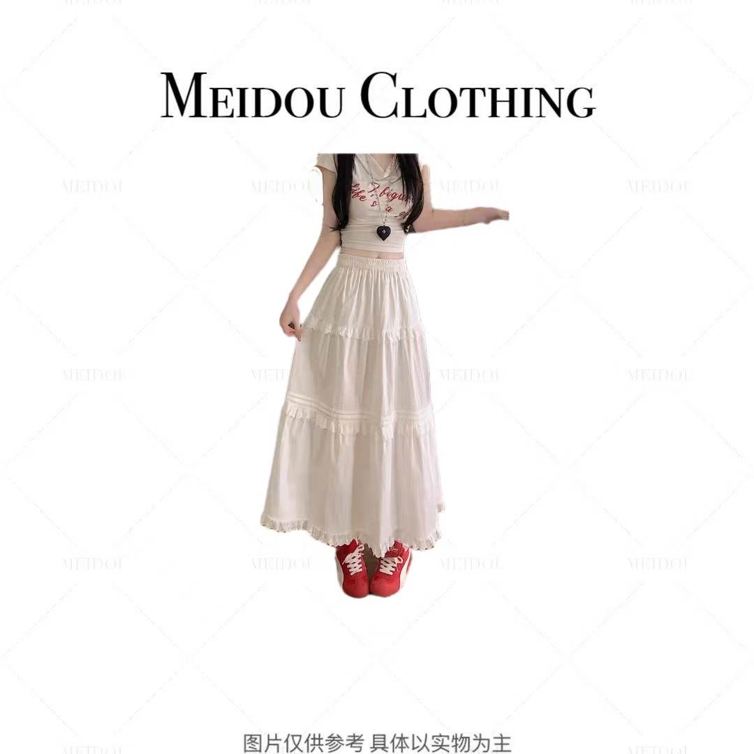 MEIDOU-3007【蕾丝花边半身裙】韩系白色棉质高腰中长款拼接女长裙