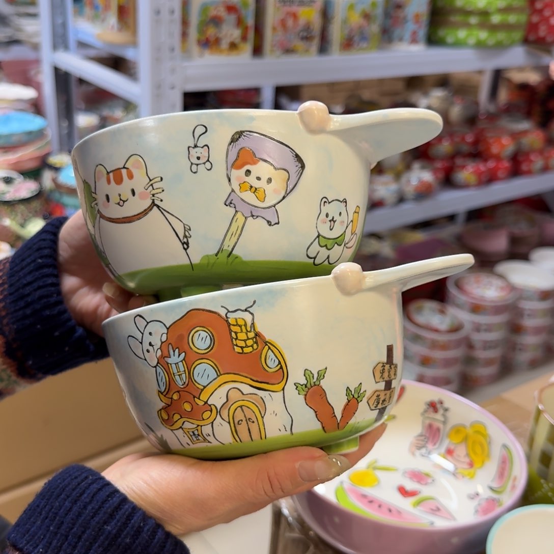 瓷手作6英寸浮雕手柄沙拉碗2只，各一色