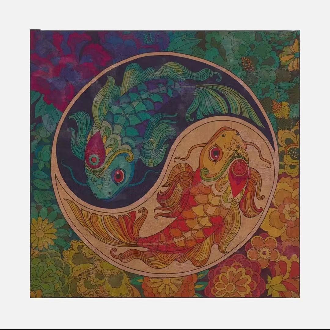 乾坤锦鲤    高定四经绞萝手工全织香云纱桑蚕丝135*135丝巾披肩