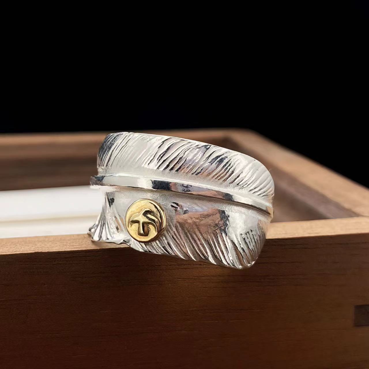 鸿聚隆 925银戒指 NO070小点雷鸟羽毛开口戒指手工个性素款时尚