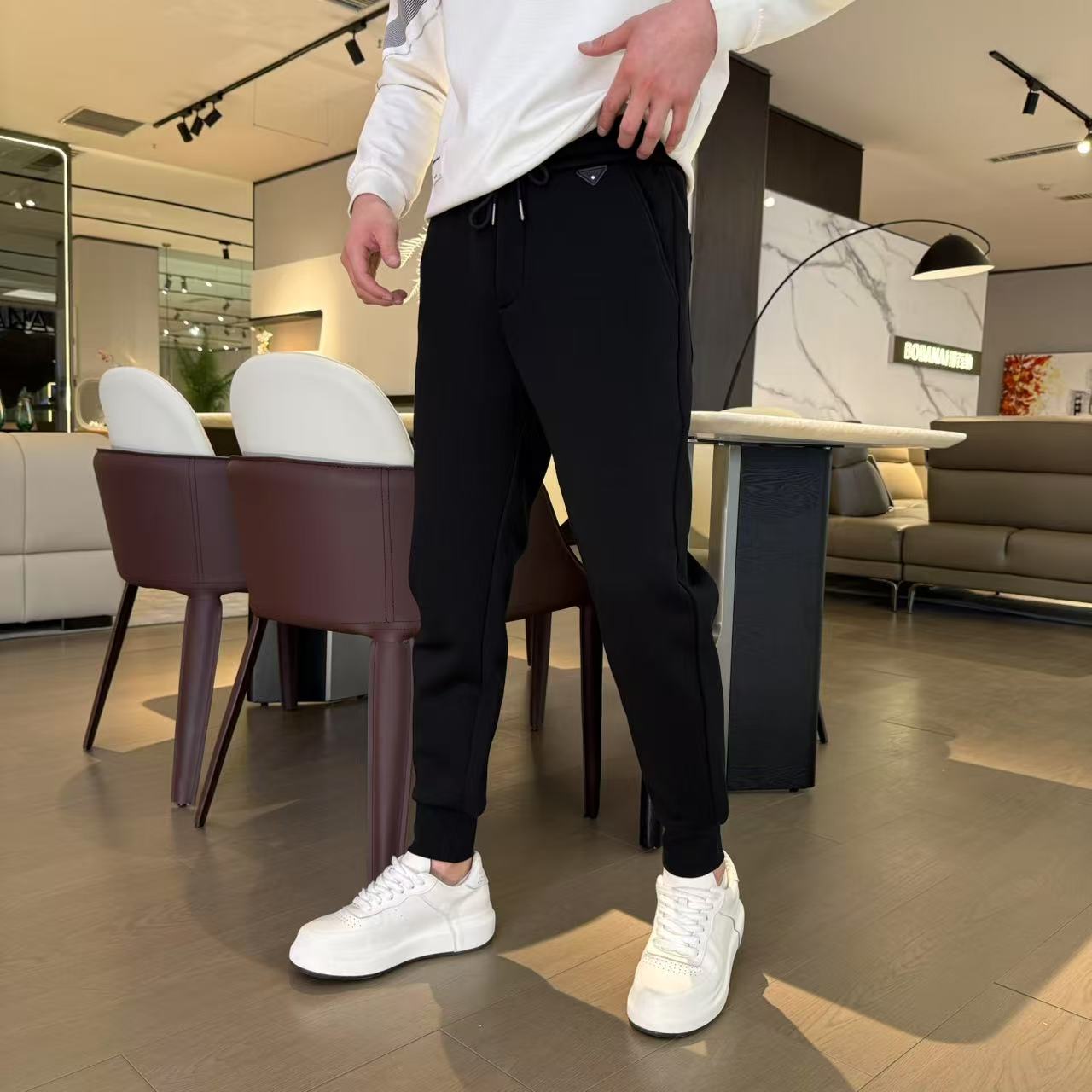 男款时尚冬季保暖男士中弹保暖束脚裤子休闲运动裤加绒男款