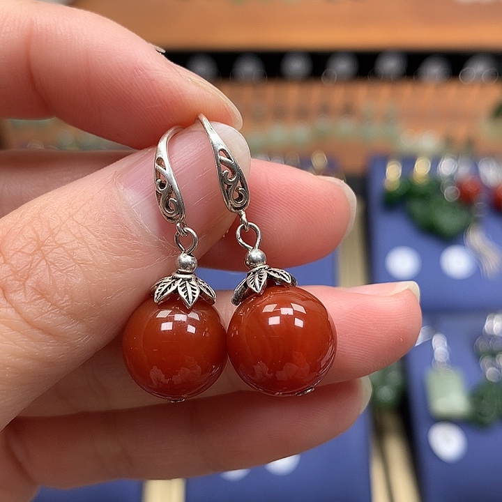 玛瑙/玉髓银S925镶嵌耳环12左右