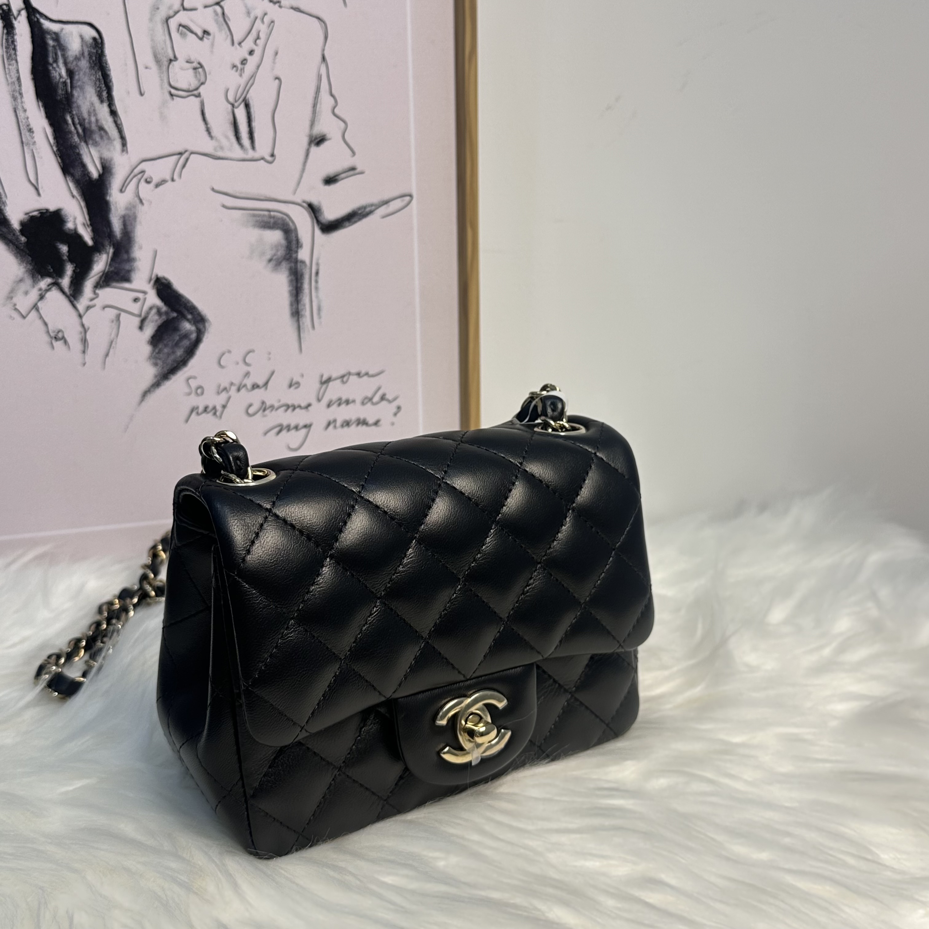 99新 Chanel/香奈儿 24B黑金羊皮方胖子时尚百搭单肩包
